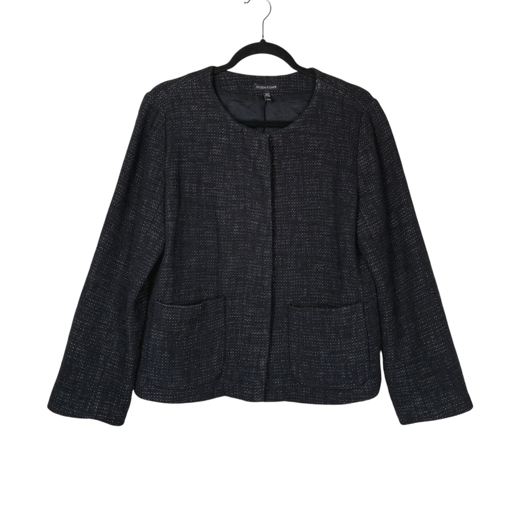 Eileen Fisher Tweed Linen Cotton Blazer Size M Hidden Pockets Charcoal Grey